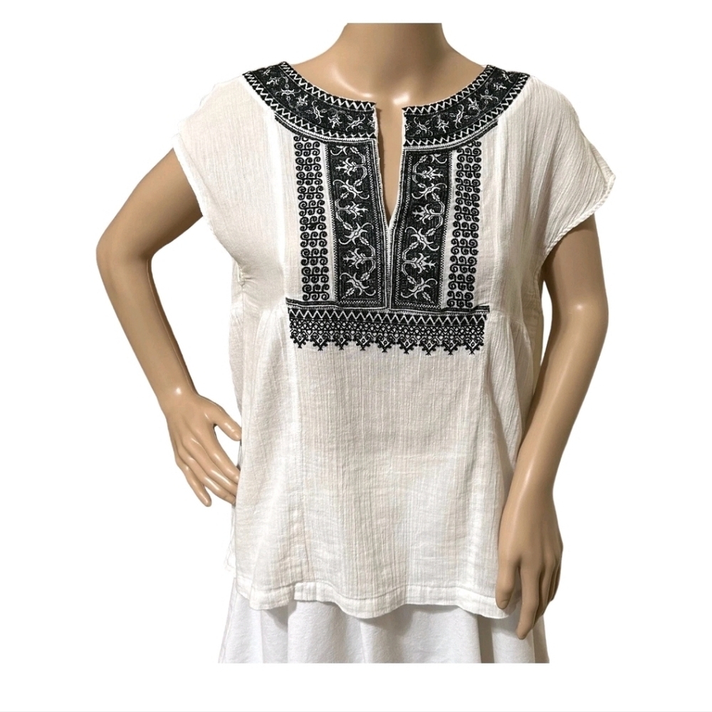 Madewell Womens Gauze Top Xs White Black Embroidered Cotton Boho Hippie Peasant